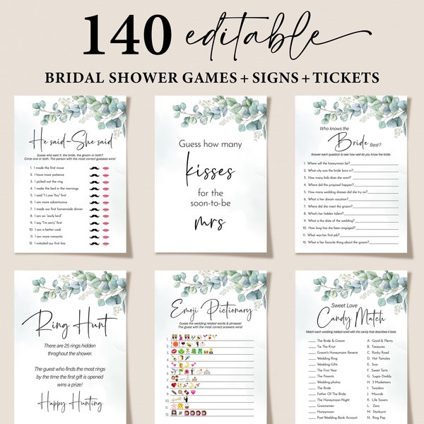 Bridal Shower Games, Greenery Bachelorette Games, Printable Wedding Shower Games, Editable Bridal Party Games, Eucalyptus Bride Groom Games