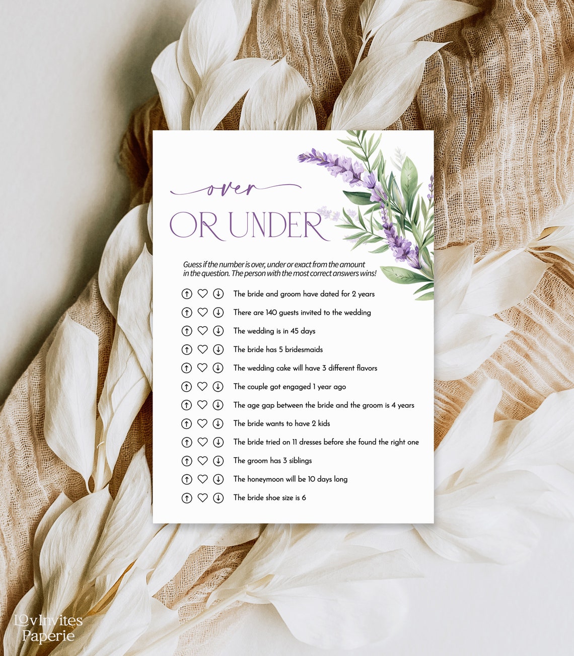 Over or Under Bridal Shower Game, Lavender Bridal Shower Game, Editable ...