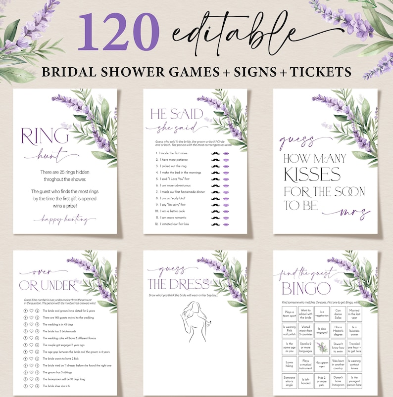 Bridal Shower Games, Lavender Bachelorette Games, Printable Wedding Shower Games, Editable Bridal Party Games, Bride Groom Fun Games Bundle 画像 1
