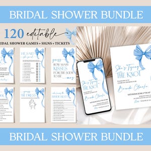 She&#39;s Tying the Knot Bridal Shower Invitation Bundle, Blue Bow Bridal Shower Games Bundle, Wedding Shower Invite, Editable Phone Evites Set