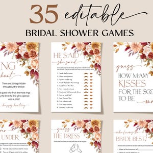 Peut inclure: Ensemble de six jeux de douche nuptiale imprimables avec des motifs floraux. Les jeux incluent "Ring Hunt", "He Said She Said", "How Many Kisses", "Over or Under", "Guess the Dress" et "Who Knows the Bride Best ?" Le texte dit "35 modifiable Bridal Shower Games."