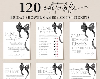 She's Tying the Knot Bridal Shower Games Bundle, Black Bow Wedding Shower Games, Editable Black Ribbon Bow Bachelorette Games, Fun Games Set