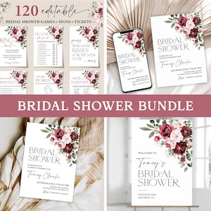 Floral Bridal Shower Invitation Bundle, Bridal Shower Games Bundle, Editable Welcome Poster Sign, Burgundy Pink Wedding Shower Template Set