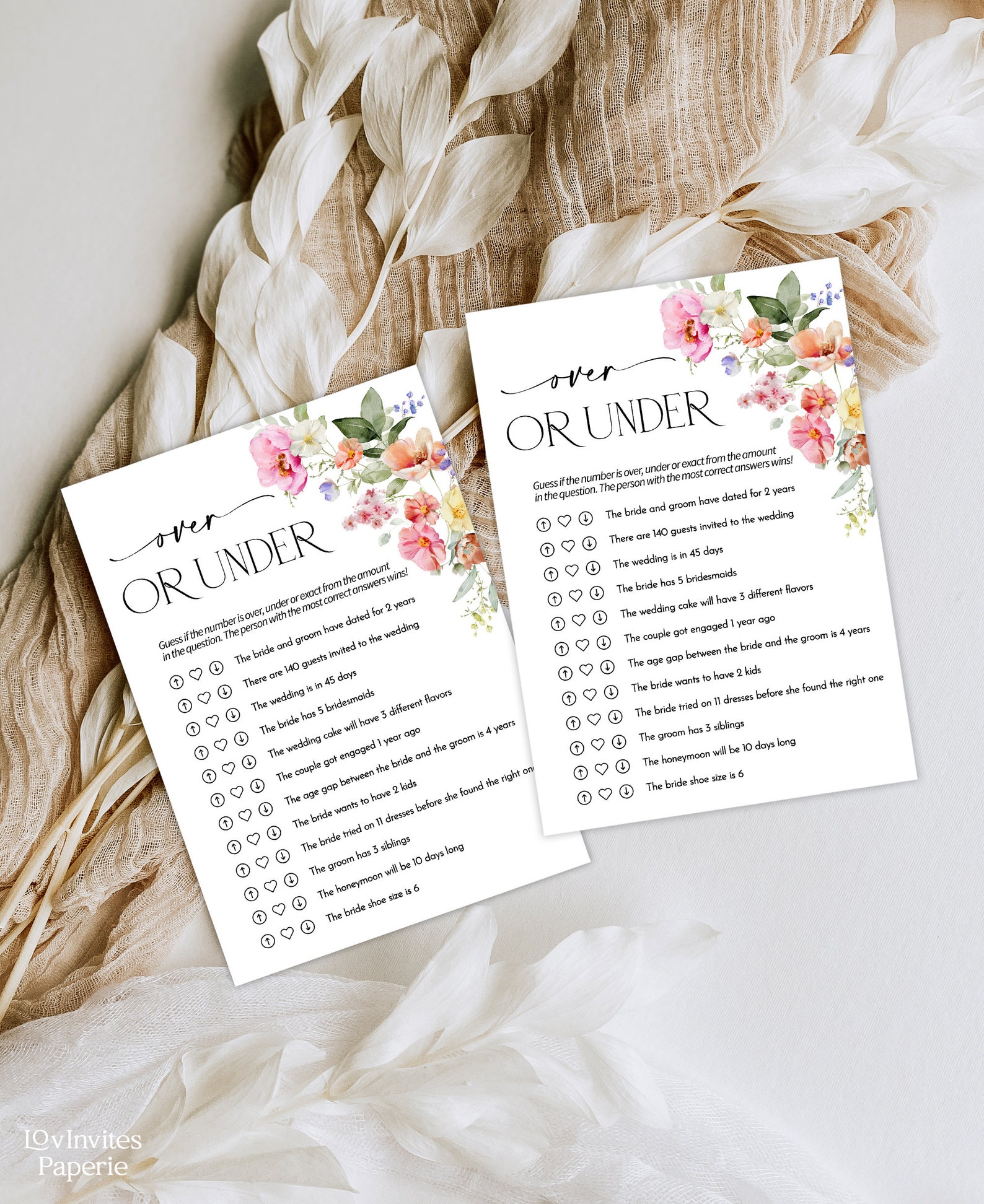 Over or Under Bridal Shower Game, Floral Bridal Shower Game, Wedding ...