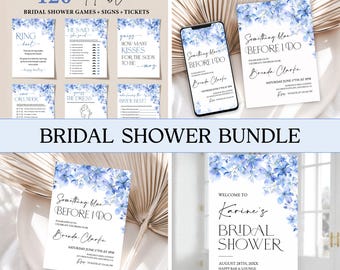 Op de afbeelding: Een set van 120 afdrukbare bruiloftsshower-spellen, borden en tickets. Het ontwerp heeft een aquarelbloemenpatroon met blauwe bloemen op een witte achtergrond. De tekst bevat "Something Blue Before I Do", "Welkom bij Karine's Bridal Shower" en "120 afdrukbare bruiloftsshower-spellen + borden + tickets".