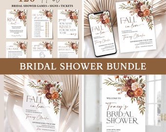 May include: A set of printable bridal shower games, signs, and tickets with a fall in love theme. The designs feature a watercolor floral arrangement with burgundy, orange, and peach flowers. The text includes "Fall in Love", "Tracy Clarke", and "Bridal Shower".