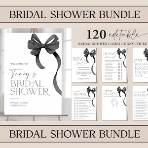 She&#39;s Tying the Knot Bridal Shower Games Bundle, Black Bow Bridal Shower Welcome Signs, Editable Poster, Black Ribbon Bow Wedding Shower Set