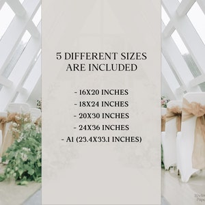 May include: Image showing five print sizes: 16x20 inches, 18x24 inches, 20x30 inches, 24x36 inches, and A1 (59.4cm x 84.1cm). The background features a wedding setting with white chairs and floral decorations.