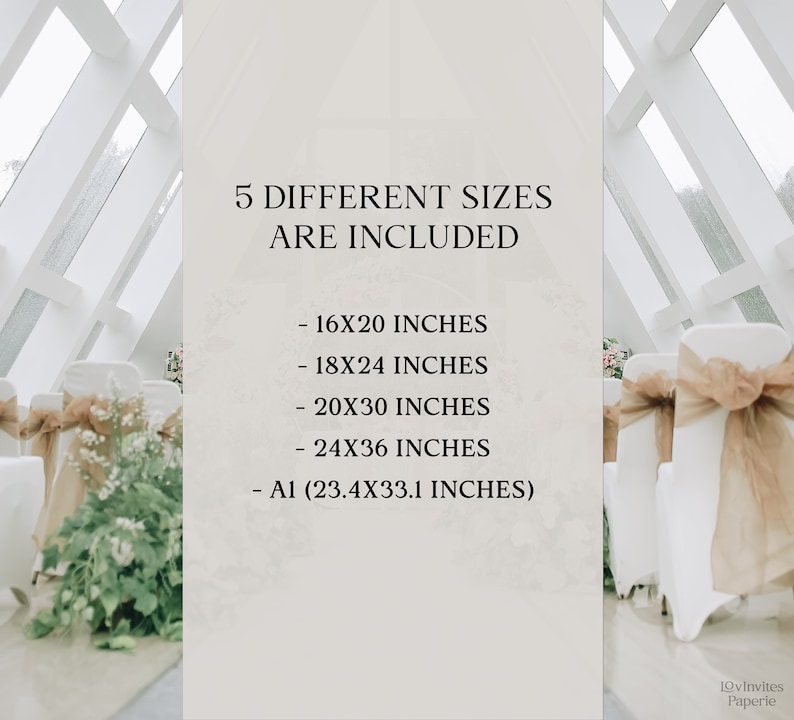 May include: Image showing five print sizes: 16x20 inches, 18x24 inches, 20x30 inches, 24x36 inches, and A1 (59.4cm x 84.1cm). The background features a wedding setting with white chairs and floral decorations.