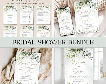 May include: A set of 140 editable bridal shower games, signs, and tickets. The design features a watercolour background with green leaves and white flowers. The text is in gold and says "Bridal Shower" and includes the bride's name and the date of the shower.