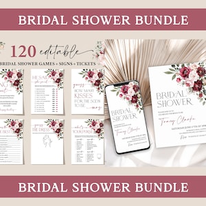 Bridal Shower Invitation, Bridal Shower Games Bundle Blush Pink Burgundy, Bachelorette Games, Wedding Shower, Electronic Evites Editable