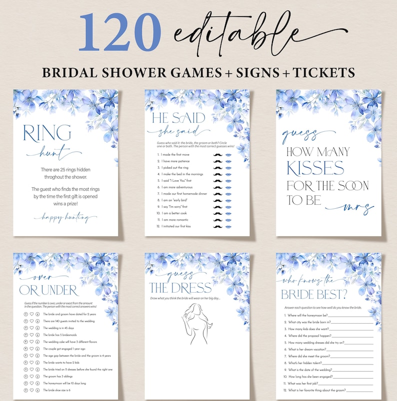 Blue Floral Bridal Shower Games, Editable Bachelorette Games, Printable Wedding Shower Games, Bridal Party Games, Something Blue Before I do image 1