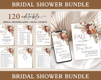 Puede incluir: Un paquete de despedida de soltera con 120 elementos editables, que incluyen juegos, letreros y boletos. El diseño presenta arreglos florales en tonos de marrón, naranja y verde. El texto incluye "Bridal Shower Bundle", "Fall in Love" y "Tracy Clarke".
