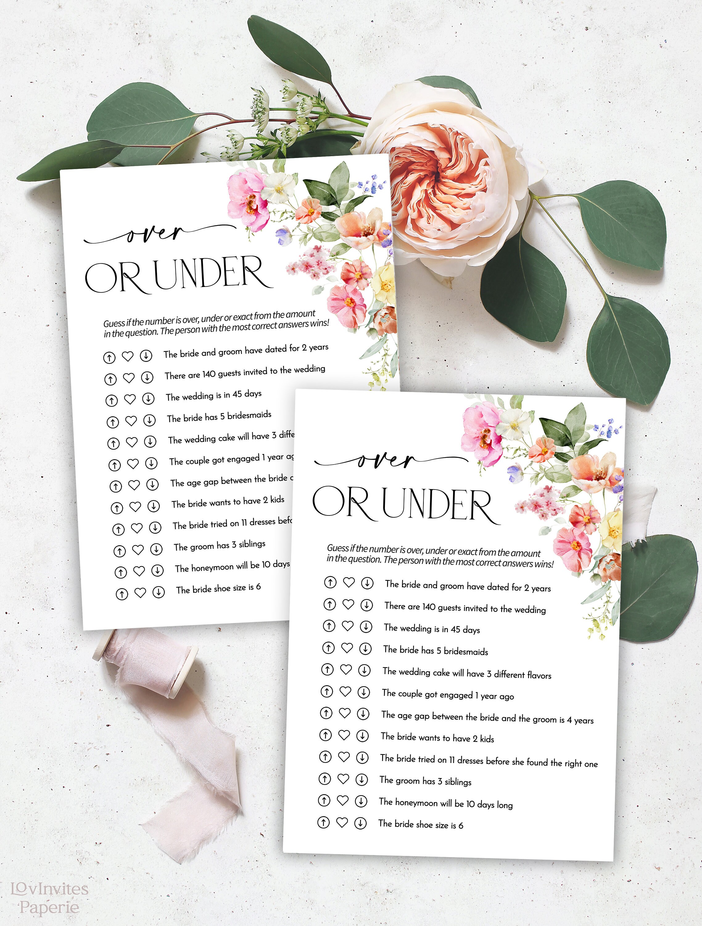 Over or Under Bridal Shower Game, Floral Bridal Shower Game, Wedding ...