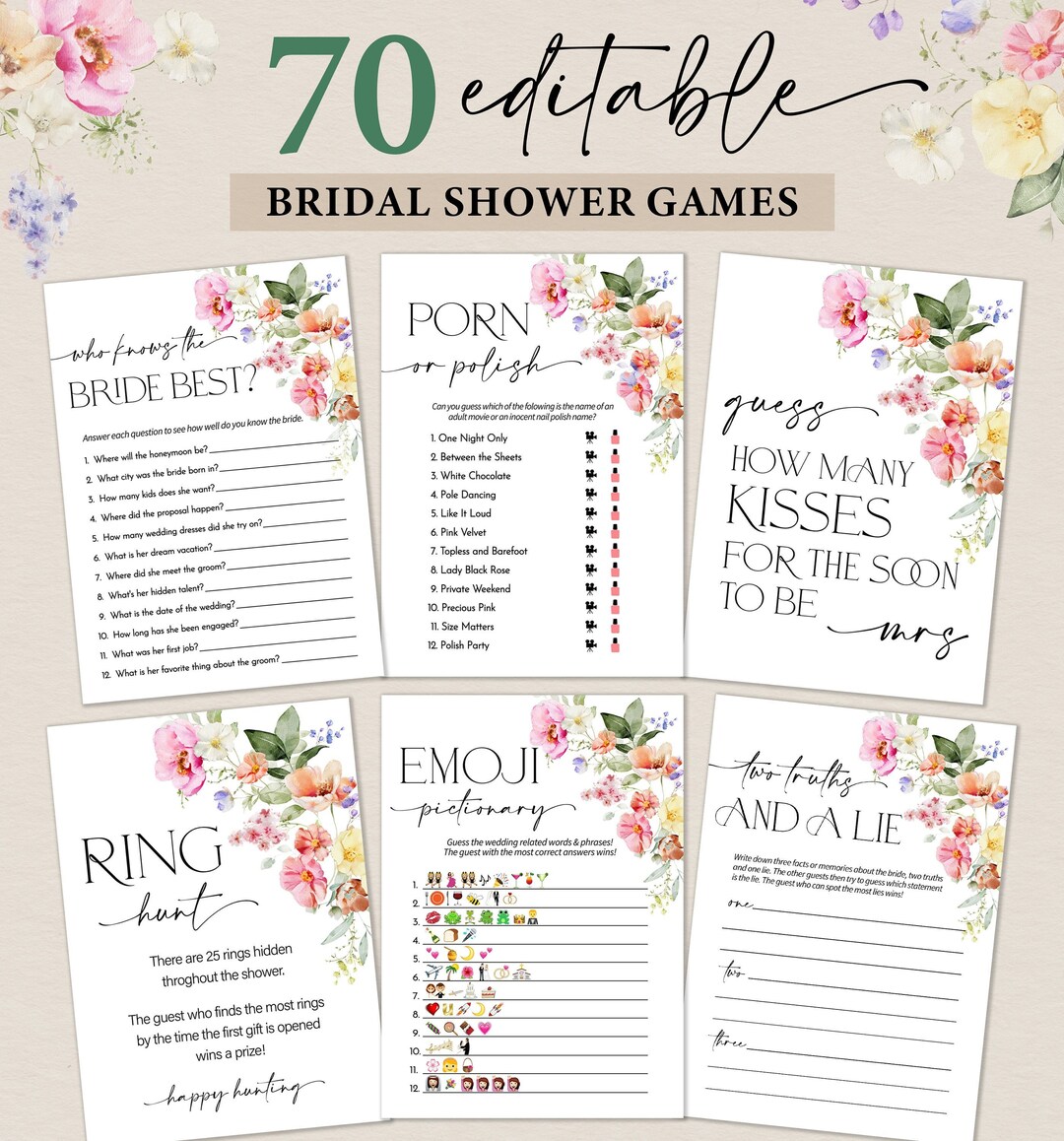 Floral Bridal Shower Games, Editable Wedding Shower Games, Printable