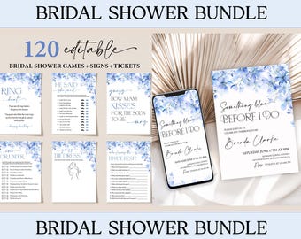 Bridal Shower Invitation Bundle, Blue Floral Bridal Shower Games Set, Wedding Shower, Electronic Evites Editable, Something Blue Before I Do