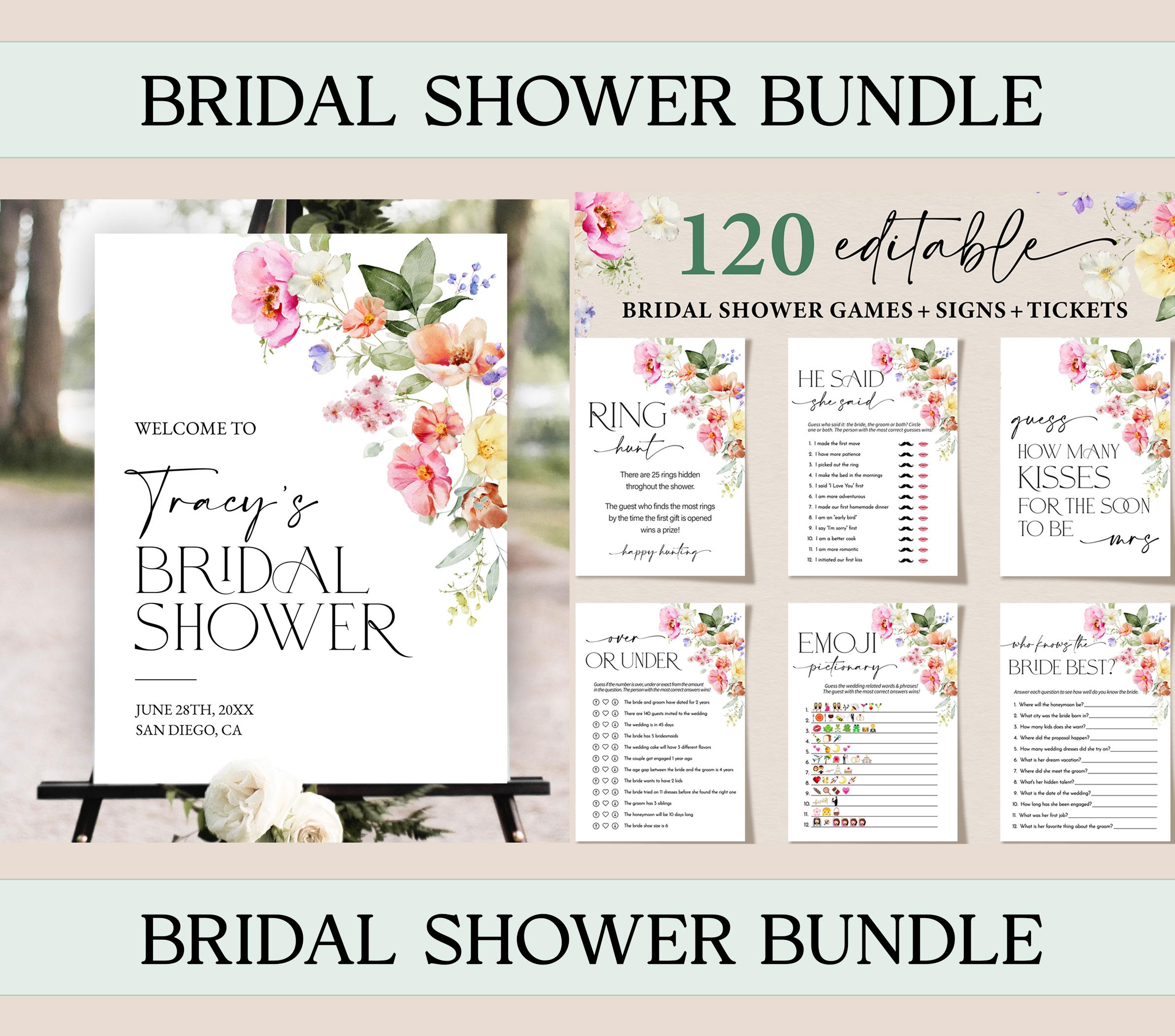 Könnte beinhalten: Ein druckbares Brautparty-Paket mit 120 editierbaren Spielen, Schildern und Tickets. Das Paket hat ein florales Thema mit rosa, gelben und grünen Aquarellblumen. Der Text "Tracy's Bridal Shower" ist auf einem Willkommenszeichen zu sehen.