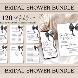 She&#39;s Tying the Knot Bridal Shower Invitation Bundle, Black Bow Bridal Shower Games Bundle, Wedding Shower Invite, Editable Phone Evites Set