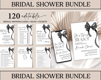 She's Tying the Knot Bridal Shower Invitation Bundle, Black Bow Bridal Shower Games Bundle, Wedding Shower Invite, Editable Phone Evites Set