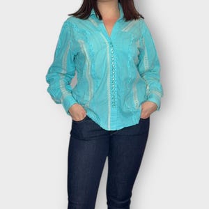 Vintage 2000s Scully Women’s Western Snap Button, Cottage Core, Blue, Ruffle Shirt
