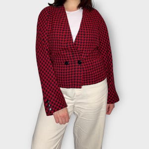 Vintage 1980s Jaeger Red & Black Houndstooth Wool Blazer