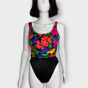 Vintage 1980s Neon, Floral, One Piece Swimsuit