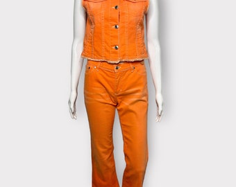 Vintage Y2K Escada Sport, two piece, neon orange, pant, vest, denim, set