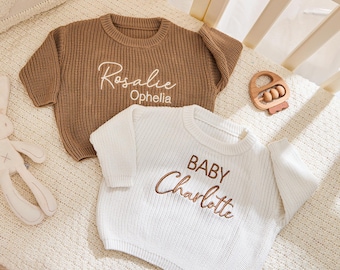 Embroidered Name Baby Sweater: Personalized Knit Cotton Jumper