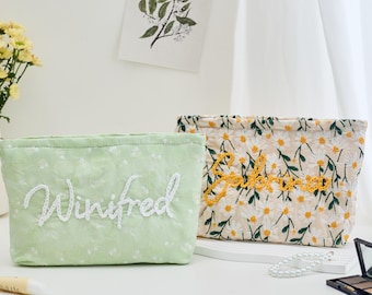 Floral Embroidered Custom Makeup Bag, 3D Personalized Name Cosmetic Pouch, Bridesmaid Gifts Set, Bridal Party Personalized Favors