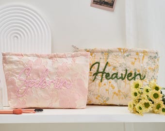 Personalized Floral Embroidered Makeup Bag, Custom Name Hand-Stitched Pouch, Mother's Day Gift for Mom, Elegant Gift for Her