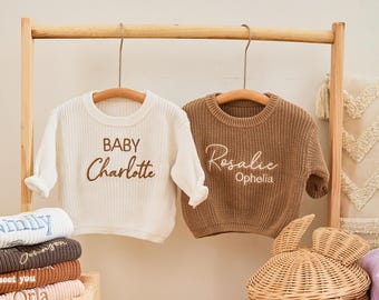 Hand Knitted Baby Sweater : Custom Embroidered Name Baptism Gift.