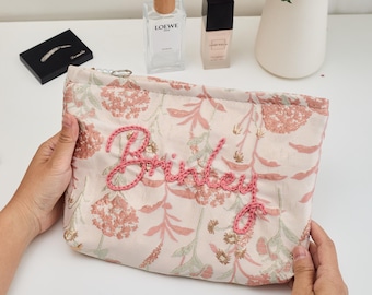 Personalized Embroidered Floral Cosmetic Bag, Custom Name Makeup Pouch, Bridesmaid Proposal or Birthday Gift for Her