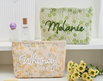 Handmade Floral Embroidered Travel Makeup Bag, Custom 3D Name Toiletry Organizer, Bridesmaid Proposal & Honeymoon Gift