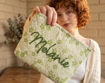 Personalized Wildflower Embroidered Makeup Bag, Custom Name Hand-Stitched Pouch, Bachelorette Party Favors, Bridesmaid Gift Idea
