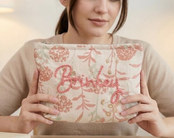 Custom Embroidered Floral Makeup Bag, Personalized Name Cosmetic Case, Bridesmaid Thank You Gift, Wedding Day Bridal Party Essential