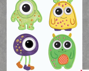 May include: Four embroidered monster designs featuring a green one-eyed creature, a yellow two-eyed monster with spots, a purple round one-eyed monster with three legs, and a green two-eyed monster with an orange belly. Text reads: Four designs are included with this purchase.