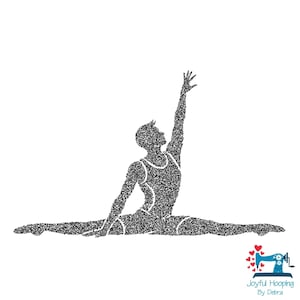 May include: A black and white silhouette of a person in a leotard performing a split with one arm raised. The image has a glittery texture. The words "Joyful Hooping By Debra" are in the bottom right corner.