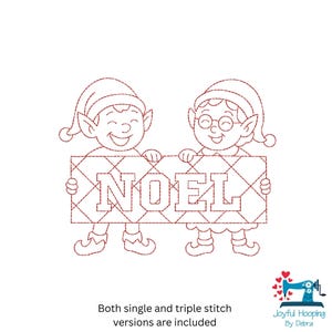 Puede incluir: Un dibujo lineal de dos elfos sosteniendo un letrero que dice "NOEL". Los elfos llevan sombreros y sonríen. El letrero tiene un patrón de diamantes. El texto "Se incluyen las versiones de puntada simple y triple" está en la parte inferior.