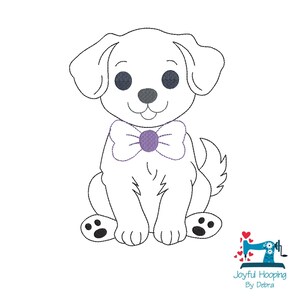 May include: A white cartoon puppy wearing a purple bow tie. The puppy has black eyes and black paw pads. The image includes the text "Joyful Hooping By Debra" with a sewing machine graphic and hearts.