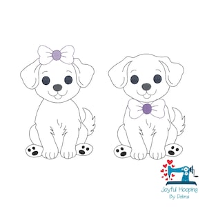 May include: Two white cartoon puppies with black eyes and paw pads. One puppy has a purple bow, the other a purple bow tie. The image includes a logo with a sewing machine and the text "Joyful Hooping By Debra."
