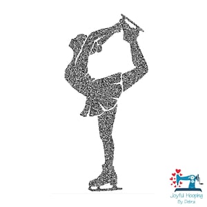 May include: A black and white glittery silhouette of a figure skater in a graceful pose, with one leg extended overhead. The skater is wearing a skirt and ice skates. The image is on a white background. The text "Joyful Hooping By Debra" is in the bottom right corner.