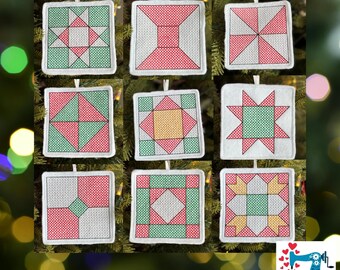 Christmas Quilt Block Ornament Set – Cross Stitch Machine Embroidery Designs (Digital Download)