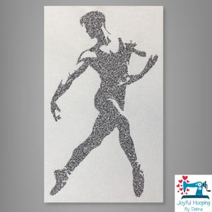 May include: A black embroidered silhouette of a dancer in a dynamic pose on a white fabric background. The figure is composed of dense, textured black thread stitches, capturing the form of a person mid-movement with arms and legs extended.