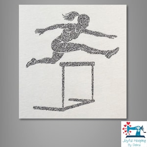 May include: A white fabric surface featuring a black embroidered design of a person jumping over a hurdle. The figure is depicted in a dynamic mid-air motion with arms extended and legs bent, created with a textured, stippled stitch pattern.
