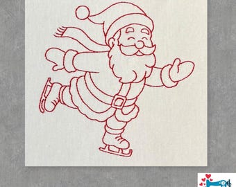 May include: A red machine embroidery design on a white fabric background featuring a line art illustration of Santa Claus ice skating. Santa is depicted wearing a hat, a scarf, and a coat with a belt, while gliding on ice skates.