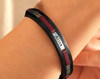 Engraved Sterling Silver Name Bracelet: Custom Leather Family Jewelry