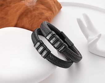 Engraved Leather Bracelet: Personalized Sterling Silver Name Beads