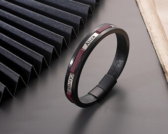 Custom Engraved Leather Mens Bracelet: Sterling Silver Nameplates