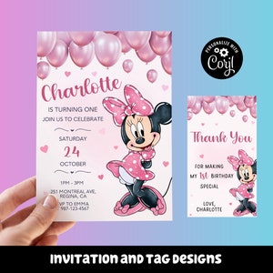 Faire-part d'anniversaire Minnie modifiable inspiré inviter tout âge numérique 5 x 7 souris rose noir à pois enfants filles fête Minnie Invitation Minnie