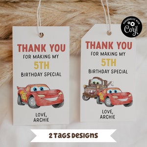 Editable Cars Birthday Party Thank You Tag Cars Lightning Birthday Gift Tag McQueen Birthday Party Tags Boy Birthday Party Tag Car Party C1